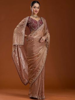 Koskii - Copper Sequins Tissue Saree with Unstitched Blouse