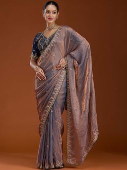Koskii - Grey Sequins Tissue Saree with Unstitched Blouse