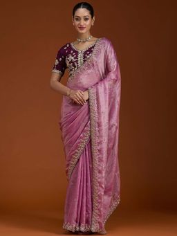 Koskii - Onion Pink Sequins Tissue Saree with Unstitched Blouse