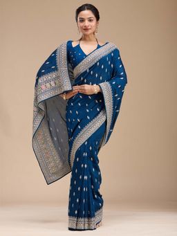 Koskii - Peacock Teal Thread Work Soft Raw Silk Saree with Unstitched Blouse