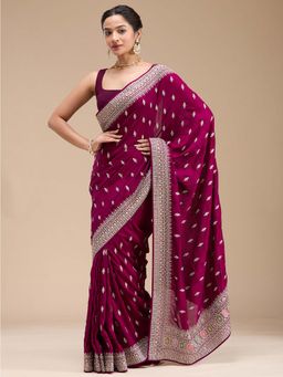 Koskii - Wine Thread Work Soft Raw Silk Saree with Unstitched Blouse