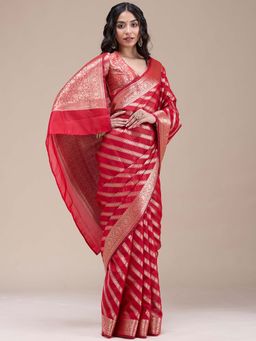 Koskii - Red Zari Work Gold Banarasi Woven Silk Saree with Unstitched Blouse