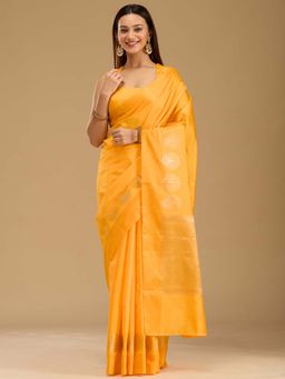 Koskii - Yellow Zari Work Gold Woven Silk Saree with Unstitched Blouse