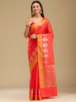 Koskii - Red Zari Work Gold Woven Silk Saree with Unstitched Blouse