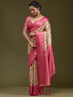 Koskii - Beige Zari Work Gold Woven Silk Saree with Unstitched Blouse