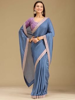 Koskii - Blue Embroidered Gold Soft Raw Silk Saree with Unstitched Blouse