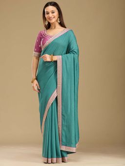 Koskii - Sea Green Embroidered Gold Soft Raw Silk Saree with Unstitched Blouse