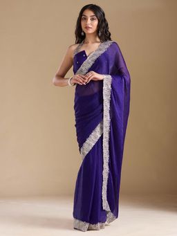 Koskii - Purple Embroidered Silver Chiffon Saree with Unstitched Blouse