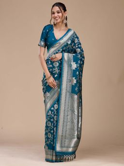 Koskii - Teal Blue Stonework Woven Silk Saree with Unstitched Blouse