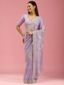 Koskii - Lavender Cutwork Organza Saree with Unstitched Blouse