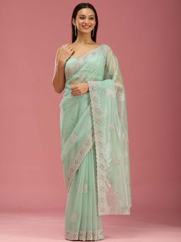 Koskii - Sea Green Cutwork Organza Saree with Unstitched Blouse