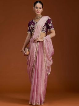 Koskii - Onion Pink Cording Tissue Saree with Unstitched Blouse