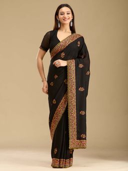 Koskii - Black Kashmiri Soft Raw Silk Saree with Unstitched Blouse