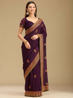 Koskii - Purple Kashmiri Soft Raw Silk Saree with Unstitched Blouse