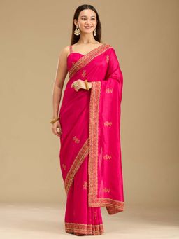 Koskii - Rani Pink Kashmiri Soft Raw Silk Saree with Unstitched Blouse