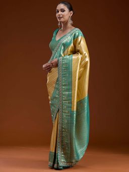 Koskii - Yellow Cording Woven Silk Saree with Unstitched Blouse