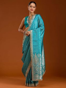 Koskii - Peacock Blue Stonework Woven Silk Saree with Unstitched Blouse