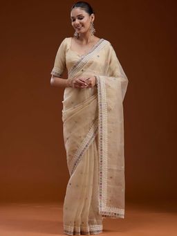 Koskii - Beige Thread Work Tissue Saree with Unstitched Blouse