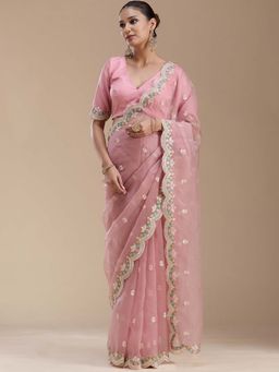 Koskii - Onion Pink Thread Work Tissue Saree with Unstitched Blouse