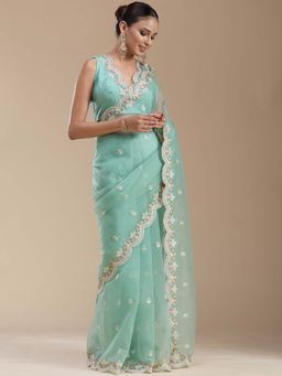 Koskii - Sea Green Thread Work Tissue Saree with Unstitched Blouse