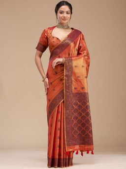 Koskii - Rust Woven Art Silk Saree with Unstitched Blouse