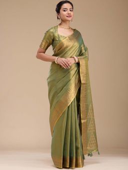 Koskii - Mehendi Green Woven Linen Silk Saree with Unstitched Blouse