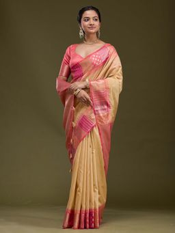 Koskii - Beige Woven Art Silk Saree with Unstitched Blouse