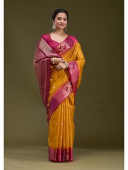 Koskii - Mustard Woven Art Silk Saree with Unstitched Blouse