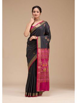 Koskii - Black Woven Art Silk Saree with Unstitched Blouse