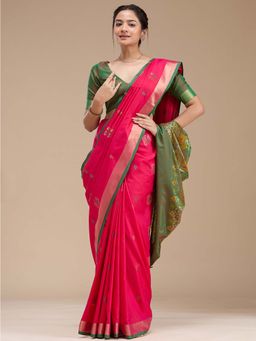 Koskii - Rani Pink Woven Art Silk Saree with Unstitched Blouse