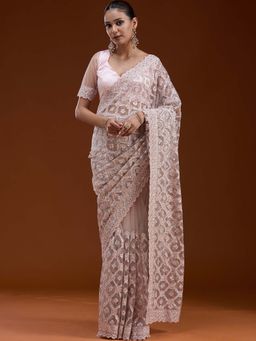 Koskii - Peach Stonework Chiffon Saree with Unstitched Blouse