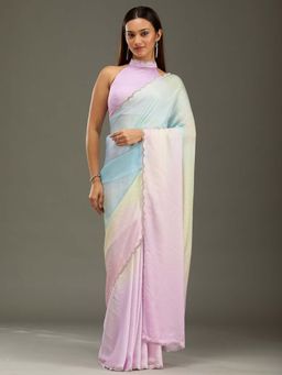 Koskii - Lavender Stonework Silver Satin Saree with Unstitched Blouse
