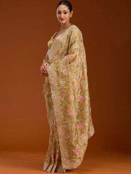 Koskii - Yellow Cording Tissue Saree with Unstitched Blouse