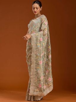 Koskii - Sky Blue Cording Tissue Saree with Unstitched Blouse