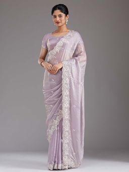 Koskii - Lavender Embroidered Satin Saree with Unstitched Blouse