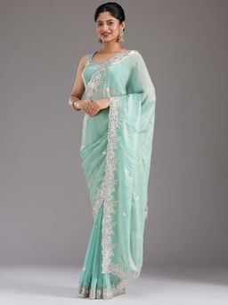 Koskii - Pista Green Embroidered Satin Saree with Unstitched Blouse