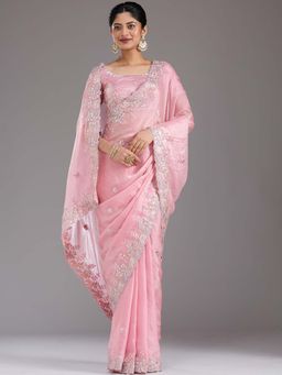 Koskii - Baby Pink Embroidered Satin Saree with Unstitched Blouse