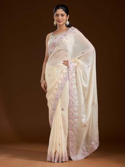 Koskii - Cream Embroidered Satin Saree with Unstitched Blouse