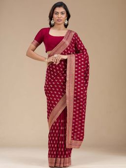 Koskii - Maroon Embroidered Antique Soft Raw Silk Saree with Unstitched Blouse