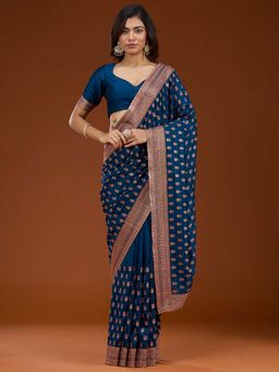 Koskii - Teal Blue Embroidered Antique Soft Raw Silk Saree with Unstitched Blouse