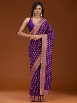 Koskii - Purple Embroidered Antique Soft Raw Silk Saree with Unstitched Blouse