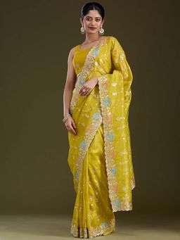 Koskii - Mustard Embroidered Organza Saree with Unstitched Blouse