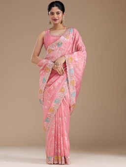 Koskii - Onion Pink Embroidered Organza Saree with Unstitched Blouse