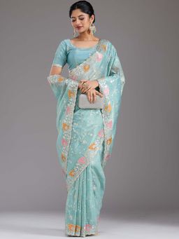 Koskii - Sea Blue Embroidered Organza Saree with Unstitched Blouse