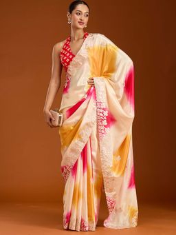 Koskii - Rani Pink Embroidered Crepe Saree with Unstitched Blouse