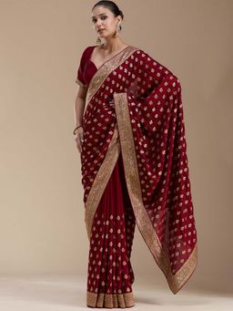 Koskii - Maroon Embroidered Gold Soft Raw Silk Saree with Unstitched Blouse
