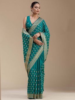 Koskii - Rama Green Embroidered Gold Soft Raw Silk Saree with Unstitched Blouse