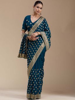 Koskii - Teal Green Embroidered Gold Soft Raw Silk Saree with Unstitched Blouse