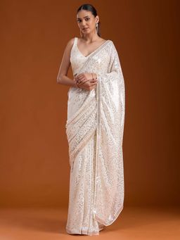 Koskii - Off White Sequins Georgette Saree with Unstitched Blouse