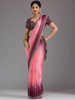 Koskii - Gajari Pink Stonework Gold Tissue Saree with Unstitched Blouse